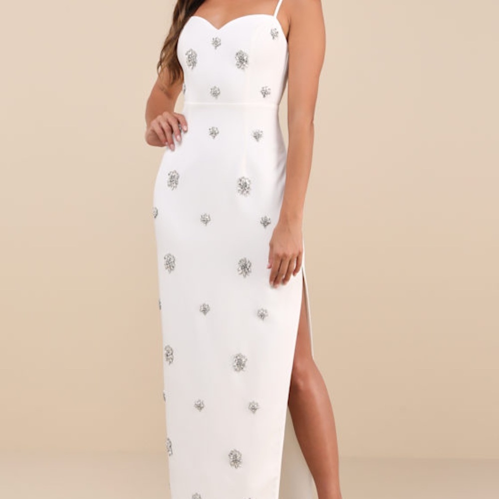 Completely Regal White Rhinestone Sleeveless Column Maxi Dress